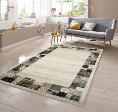 Obrázok produktu pre Dizajnový koberec s lemovaním, vzor Multicolour v odtieňoch hnedej, béžovej, smotanovej a tyrkysovej, rozmery – 80 x 150 cm