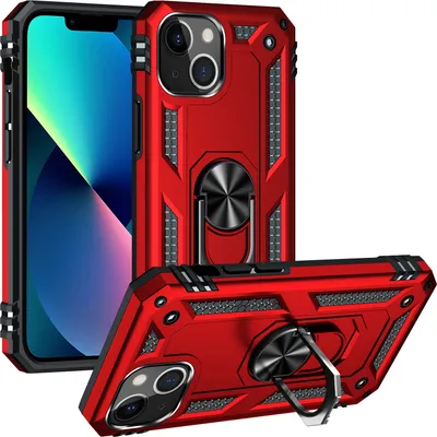Produktbild von Schutzhülle für iPhone 13, Dual Layer Militäre Fallschutz Hülle mit Ringhalterung Ständer für iPhone 13 Rot