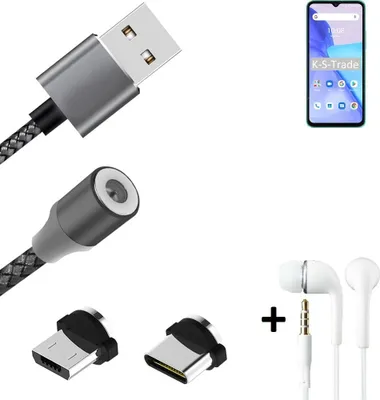 Produktbild von K-S-Trade® Hochwertiges Magnet-Lade-kabel Sync-Kabel Daten-Kabel + Kopfhörer kompatibel mit UMIDIGI Power 5s mit USB-Typ-C-Anschluss und