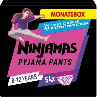A box of Ninjamas Pyjama Pants for children, featuring a young girl in a dynamic pose.