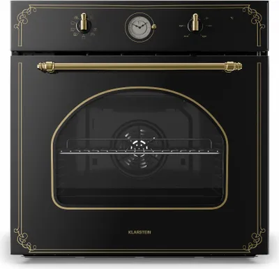 A studio shot of a black and gold retro-style electric oven.