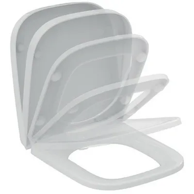 A white toilet seat and lid shown in multiple positions to demonstrate its soft-closing feature.