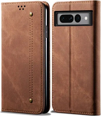 A brown leather flip case for a Google Pixel 7 Pro phone, shown from the front and side.