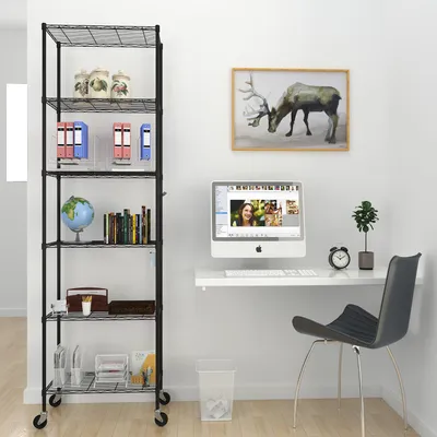 Zdjęcie produktu dla 6-poziomowa metalowa półka z kółkami i haczykami o regulowanej wysokości, 54 x 29 x 175 cm, czarna