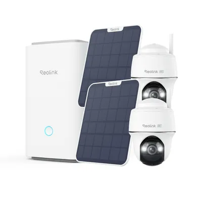 A product shot of a security camera system with solar panels and a hub.
