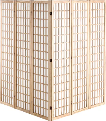 A six-panel folding room divider with a wooden frame and white paper inserts, shown in a studio setting.