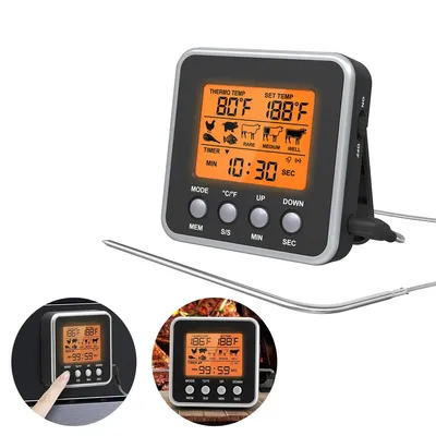 Produktbild von Fleischthermometer, Braten und Backthermometer, 0–300 °C, voreingestellte Temperaturen für 7 Fleischsorten, Timer, Alarmfunktion