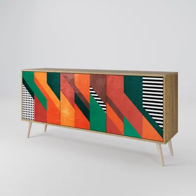A modern sideboard with a geometric pattern on its doors, displayed against a plain white background.