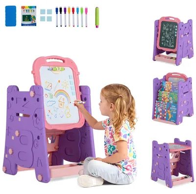 Produktbild von COSTWAY 4 in 1 Kindertafel, Kinderstaffelei mit Bücherregal, Kreidetafel&Whiteboard,Doppelseitige Kindertafel mit verstellbaren Höhe&Winkel,Standtafel