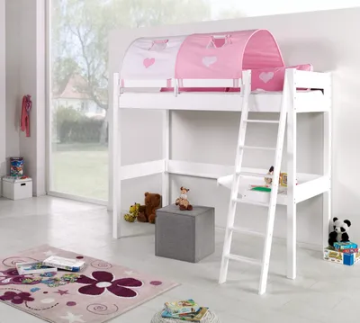 Produktbild von Hochbett Renate Buche Massiv Weiß lackiert mit Schreibtisch und Textilset