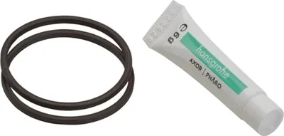 A set of two black rubber O-rings and a small tube of lubricant for a kitchen faucet.