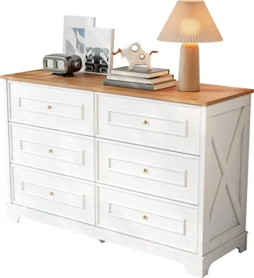 Produktbild von Kommode mit 6 Schubladen - 120x40x76 cm, Weiß und Naturholz - Retro-Scheunenmuster - Goldene Rundgriffe
