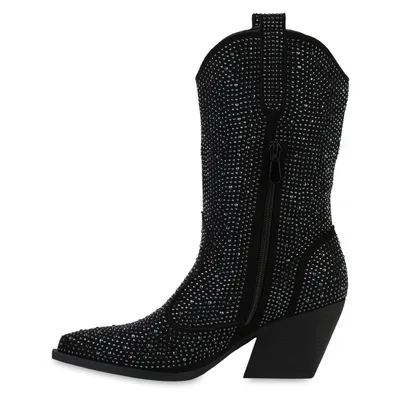Produktbild von VAN HILL Damen Leicht Gefütterte Cowboystiefel Stiefel Spitze Strass Schuhe 841327, Farbe: Schwarz, Größe: 36
