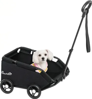 A small white dog wearing a pink and yellow striped shirt sits in a black pet stroller.