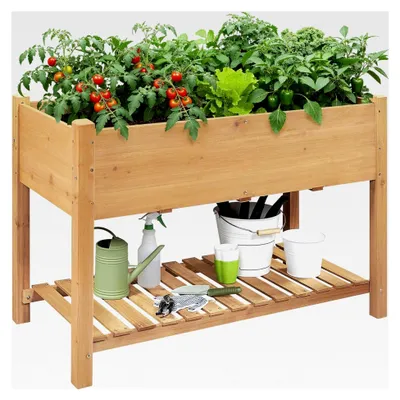 Produktbild von Hochbeet für den Garten, Pflanzkasten mit Ablage, Kräuterbeet aus Holz, Blumenkübel Anzuchtbeet im Garten, Großer Anpflanzungsraum, 119 x 57 x 80 cm