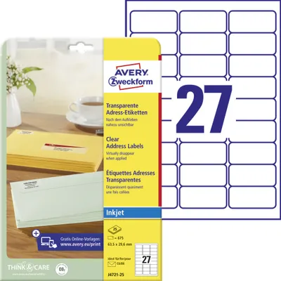 Produktbild von Avery Zweckform J4721-25 Adress-Etiketten, A4, 63,5 x 29,6 mm, 25 Bogen/675 Etiketten, transparent