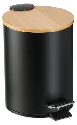 Image de Pédale de poubelle - 3 litres - Système de fermeture douce - Seau intérieur - Pour salle de bain et cuisine - Couvercle en bambou - Métal - Noir