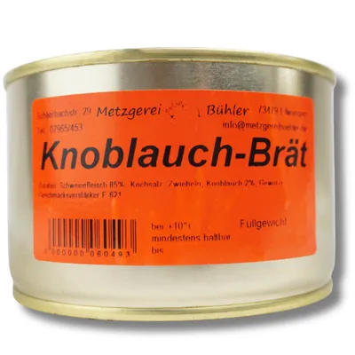 Produktbild von Knoblauch Brät Dosenwurst 120g Bauernbratwurst Wurstkonserve | Metzgerei Bühler