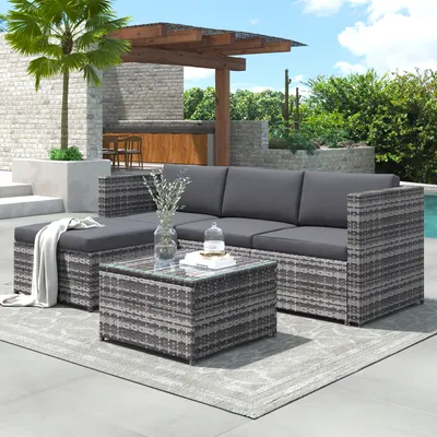 Produktbild von Gartenmöbelset, Gartensofa mit Tisch und Hocker, Polyrattan Loungeset, Sitzgruppe für Garten, Garnitur Set