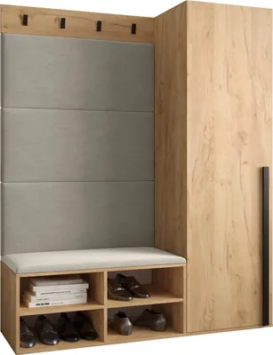 A modern entryway furniture set with a wardrobe, bench, and shoe storage.