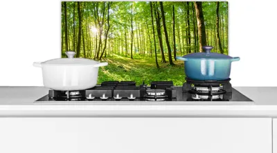 Produktbild von KitchenYeah® Spritzschutz Küche - Küchenrückwand - Wandschutz für Herd und Spüle - Natur - Bäume - Wald - Grün - Sonnenlicht 60x30 - Alu-Dibond (Alternative zum Spritzschutz aus Glas) - Hitzebeständi