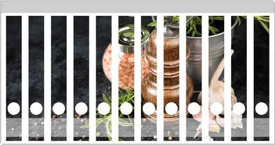 Produktbild von Wallario Ordnerrücken Sticker, selbstklebend für schmale Ordner, 12 Stück, Motiv Salz und Pfeffer mit Knoblauch und Rosmarin
