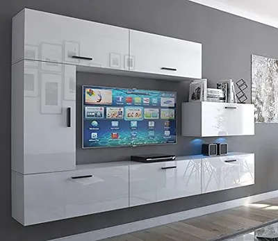 Produktbild von Furnitech Wohnwand Wohnzimmer | Wohnzimmer Möbel mit LED Blau | Hängend Wohnwand Modern | Wohnzimmer Schrankwand mit Regale und TV Schrank (Future C10/HG/W8 1B)