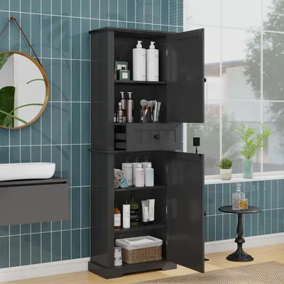 Produktbild von MODFU Hochschrank Badezimmerschrank mit geschlossener Stauraum und 1 Schublade Doppeltür-Design Aufbewahrungsschrank mit schwarze Griffe Schwarz