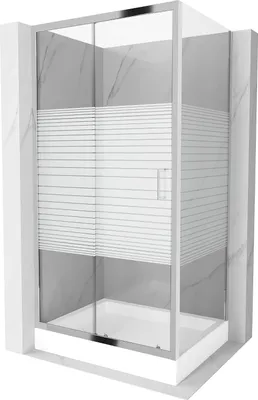 A modern shower enclosure with a sliding door and a shower tray, set against a marble-patterned background.