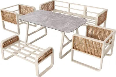 Produktbild von Flieks Rattan Gartenloungeset 5-tlg., Gartenmöbelset mit Tisch, Bank, Gartenstuhl und Sofa, Loungegartenmöbelset für 6-7 Personen, Sitzgruppe Beige