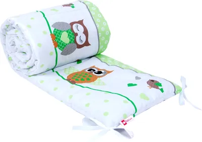 Produktbild von BabyLux Nestchen Bettumrandung 210x30 cm – Kopfschutz für Babybett, Beistellbett & Laufgitter – Weiche Gitterbett-Polsterung - Baumwolle 55. Eule Grün