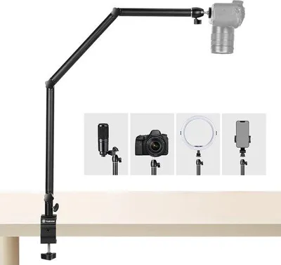Imagen del producto de Soporte de mesa colgante Unyqoos® con brazo articulado, abrazadera en forma de C, brazo flexible de 3 secciones hasta 100 cm, rosca de 3/8" + adaptador de 3/8" a 1/4", aluminio de 28 mm de diámetro, capacidad máxima de 2 kg, cabezal esférico de 360°