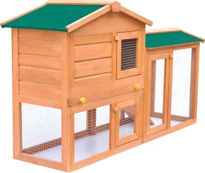 A wooden rabbit hutch with a green roof, shown from a side-angle against a white background.