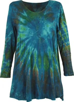 Produktbild von Batik Minikleid, Langarm Boho Tunika, Batikkleid - Petrol, Damen, Blau, Elasthan,Viskose, Kleider