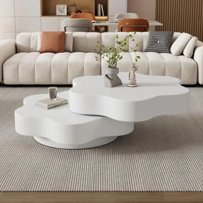 Zdjęcie produktu dla Sweiko 74,8x67,5x31cm Stolik kawowy w kształcie kwiatu, Górny blat obracany o 360°, Obrotowy stolik do salonu, Dwuwarstwowy stolik pod sofę, 2 półki, Zalecane obciążenie całkowite 30kg, MDF, Kremowa biel