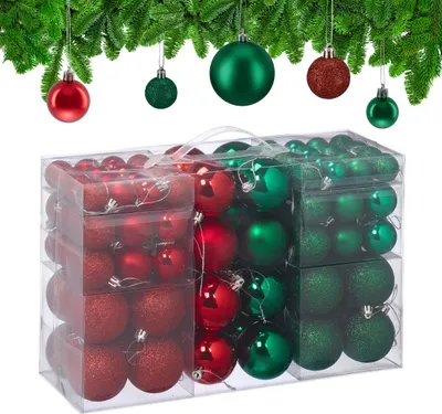 Produktbild von Relaxdays Weihnachtskugeln 100er Set, Weihnachtsdeko, matt, glänzend, glitzernd, Christbaumkugel ∅ 3, 4 & 6 cm, grün/rot