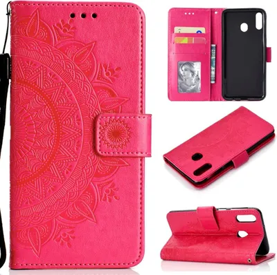 A collage of images showing a pink flip phone case with a mandala design, including views of the case open, closed, and from different angles.