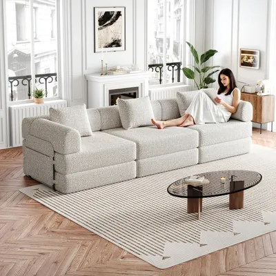 Produktbild von Chenille-Schlafsofa 2-in-1 Staufach Armlehne drei Metallrahmen mehrere Konfigurationen Schlaffunktion Khaki