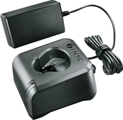 A black Bosch battery charger and power adapter are shown against a white background.
