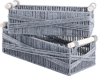 Image de Panier de rangement, en corde de papier tressée, de forme rectangulaire, avec des poignées en bois, pour salle de bain