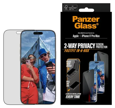 Produktbild von PanzerGlass ® 2-Way Privacy Displayschutz iPhone 17 Pro Max | Ultra-Wide Fit m. Fastfit in-a-box, Apple, Apple - iPhone 17 Pro Max, Trockene Anwendung, Kratzresistent, Schockresistent, Transparent, 1 Stück(e)