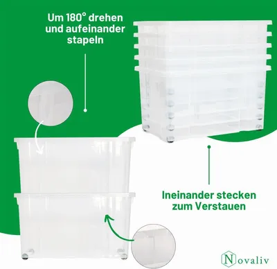Immagine prodotto di Novaliv 2x scatole di stoccaggio con coperchio grande 55L antracite Nestabile impilabile con chiusura a clip Scatole per rotoli in plastica senza BPA 61x40x32,5 cm