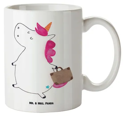 Produktbild von Mr. & Mrs. Panda Keramiktasse Einhorn Koffer - Weiß - Geschenk, Erwachsen, Große Teetasse, Abenteuer, Teebecher, Einhörner, Haferl, Spaß, weisse tasse, Deko