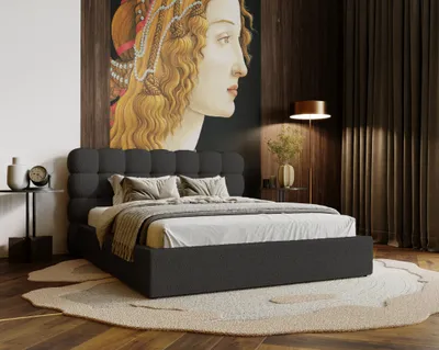 Produktbild von Polsterbett 180x200 Parlas - Elegantes Kopfteil, Schaumstoff - Doppelbett, Lattenrost, Bettkasten - Bouclé-Stoff (Schwarz - Anthology 19)