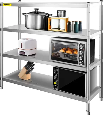 Obrázek produktu pro VEVOR úložný regál, 4-patrový regál z nerezové oceli, úložný regál, 70,9 x 17,7 x 59,1 palce, robustní úložný regál, celková nosnost 1320 liber s nastavitelnou výškou