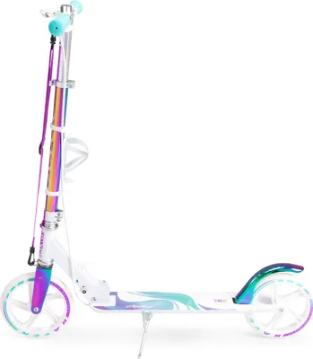 A white kick scooter with iridescent accents is shown against a white background.