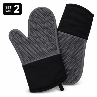 Produktbild von Unyqoos® Benza Ofenhandschuhe 2er-Set, Silikon & Baumwolle, Antirutsch-Honigstruktur, hitzebeständig bis 250°C (15 s), Schwarz/Grau, 31,5×18,5 cm