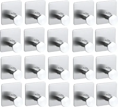 Immagine prodotto di set di 20 portasciugamani senza foratura per bagno e cucina - ganci multiuso [autoadesivi] - montaggio a parete | ganci adesivi in acciaio inox 45x45 mm | ganci per accappatoi | ganci per abiti da incollare [argento]