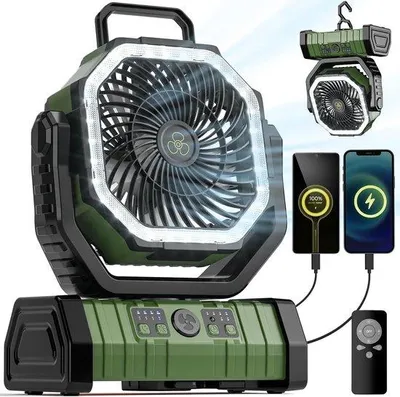 Produktbild von Draagbare Buitenventilator mit LED-Lampe, 4 Geschwindigkeiten, Fernbedienung, 20000mAh Akku, tragbar, mit Halterung