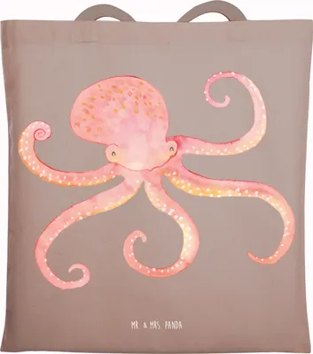 Produktbild von Mr. & Mrs. Panda Shopping Tasche Tintenfisch - Braun Pastell - Geschenk, Schultasche, Krake, Tote Bag, Lustige Sprüche, Meer, Jutebeutel, Ozean, Tragetasche, Meerestier